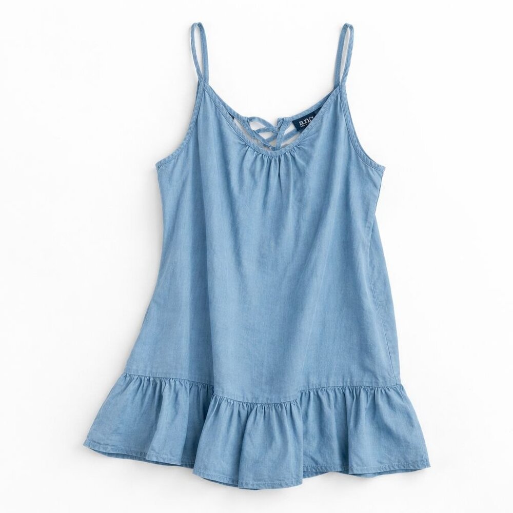 ana. Womens Chambray Tank Top Ruffle Hem Size L Lace Up Back Adjustable Strap